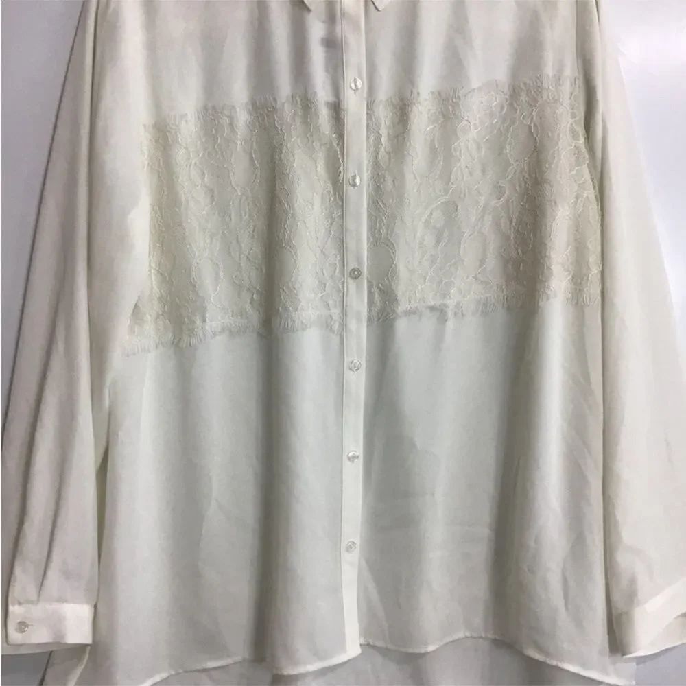 CHICO’S White Satin Alita Lace Panel Blouse New Long Sleeve Button Up Size 3 - Picture 4 of 8